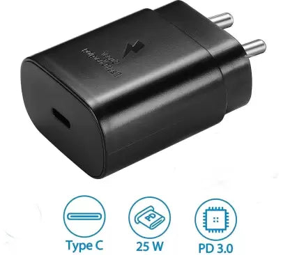 25W Super Fast Charging Mobile Charger with C to C Cable For Samsung Phone Black